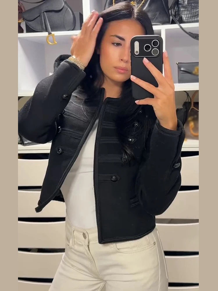 Fashion Black Court Style Cropped Jacket For Women Elegant O-neck Long Sleeve Double Breasted Coat Lady 2026 Spring Chic Outwear