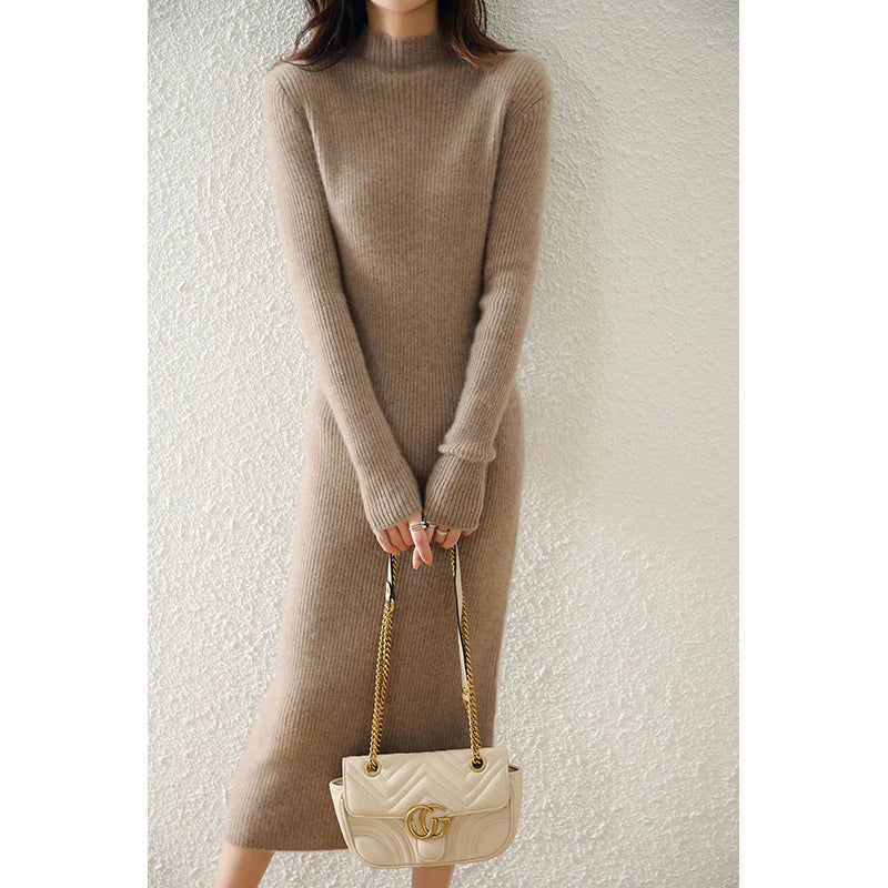 Autumn and winter semi high neck drawstring high elasticity slim fit 100% wool pullover dress, mid length over knee cashmere