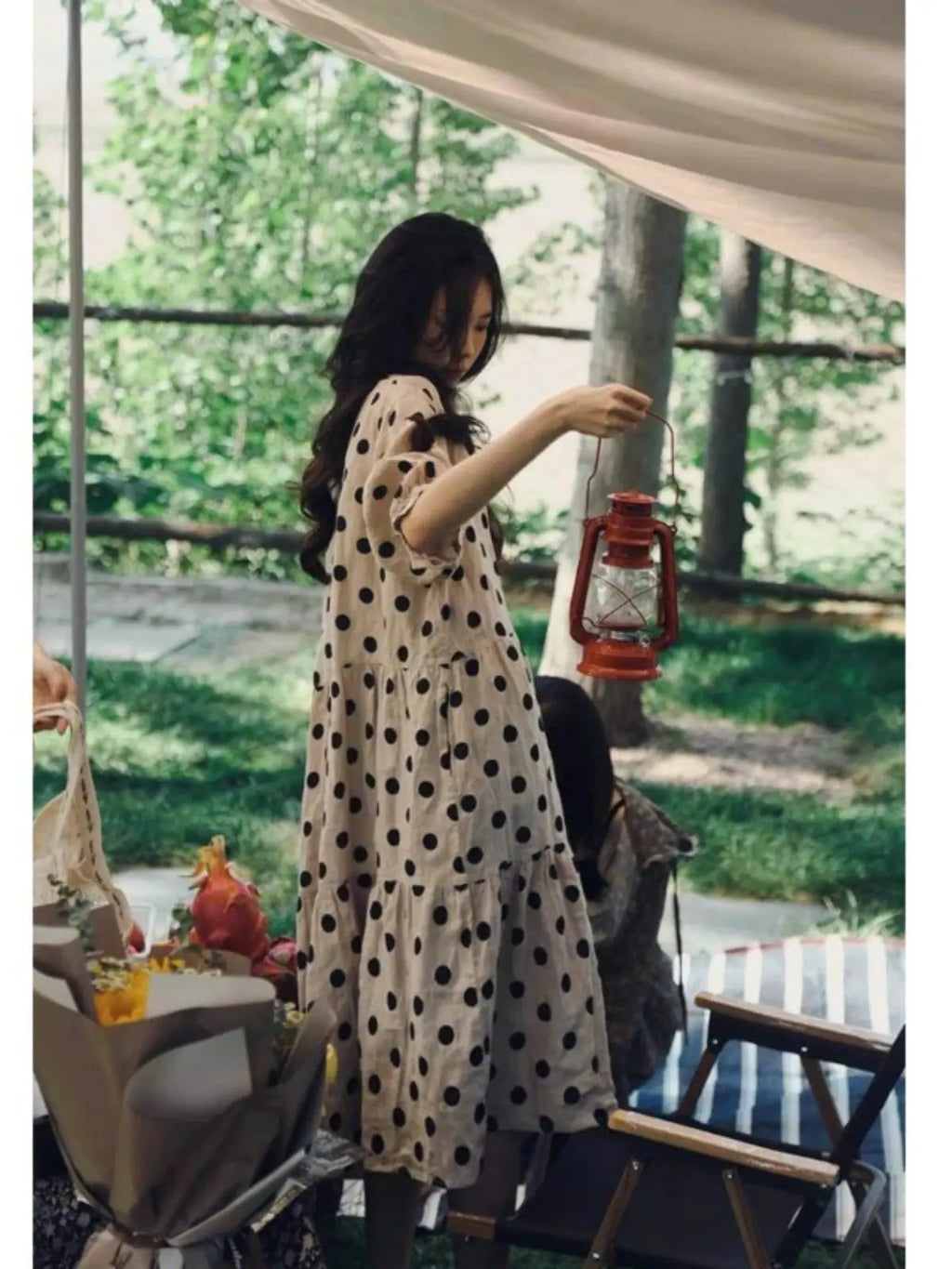 Fashion Retro Cotton and Linen Polka Dot Dress for Women Loose Slim Puff Sleeve Linen Doll Skirt