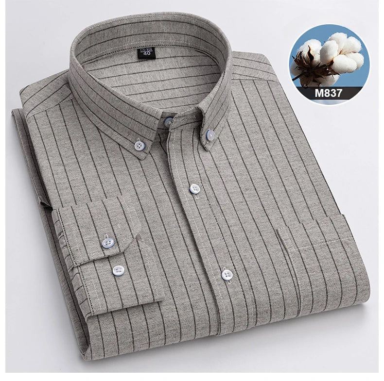 New in ShirtPlus Size 7XL 100% Cotton Sanding Long-Sleeve Shirts for Men Slim Fit Plain Shirt Striped Plaid Single Pocket Clothe