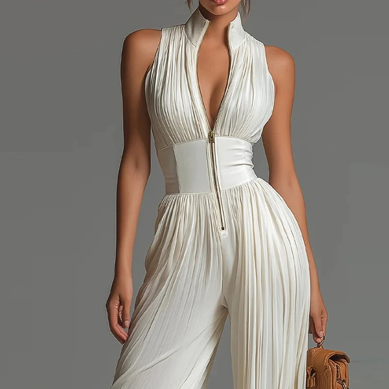 Elegant Stand Collar Zipper Long Jumpsuits Women's Casual Sleeveless Draped Party Rompers Fashion Printed Waist Summer Playsuits