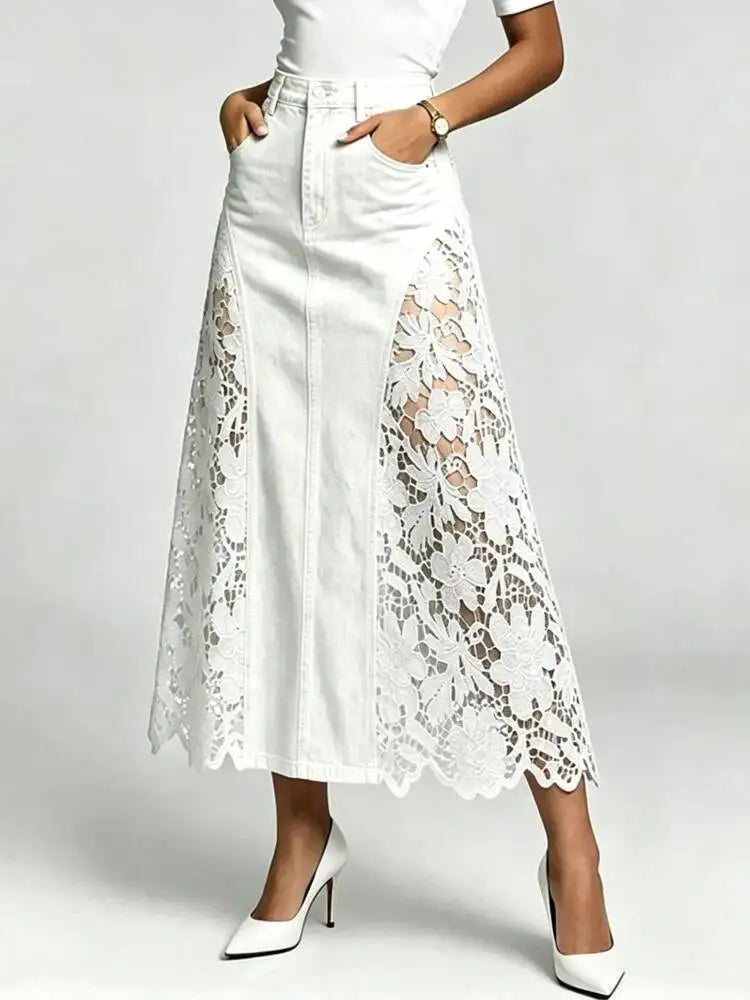 SHENGPALAE Women Denim Midi Skirt High Waist Bodycon Washed Lace Splicing Elegant Casual Floral Hollow Summer 2026 New 05E03125