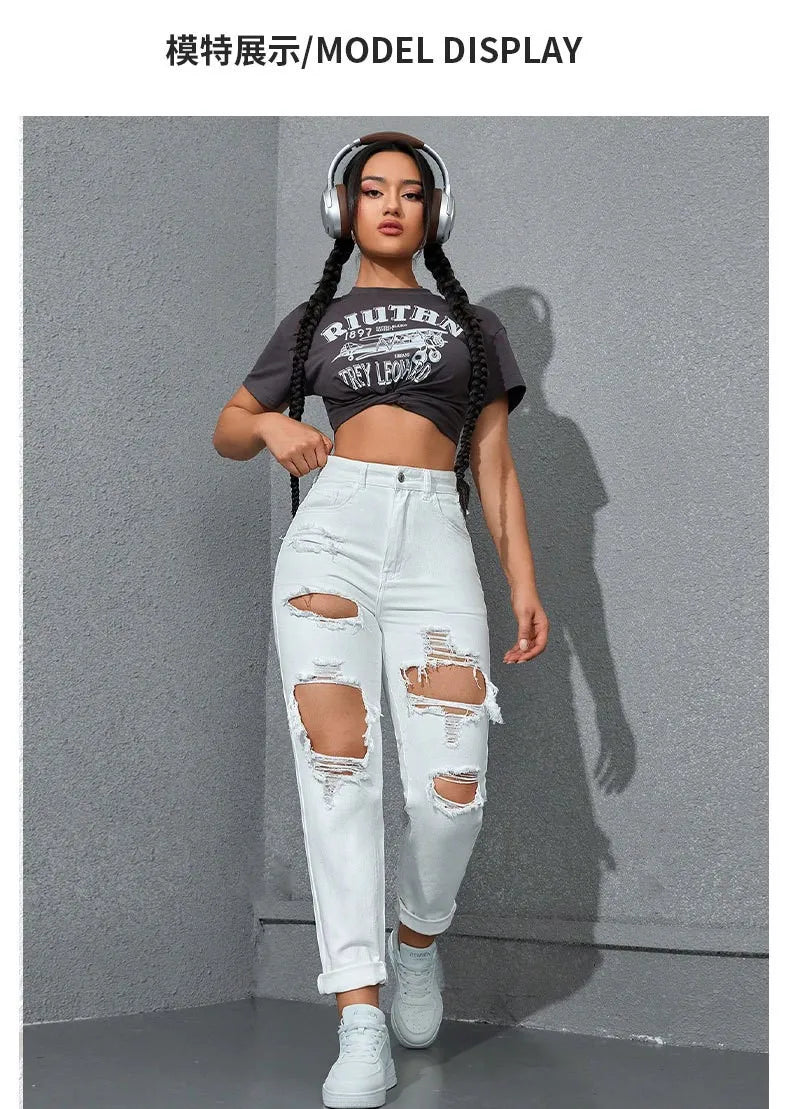 Women's High Waist Ripped Denim Jeans with Distressed Knee Holes and Straight Leg Fit for Casual Streetwear Fashion