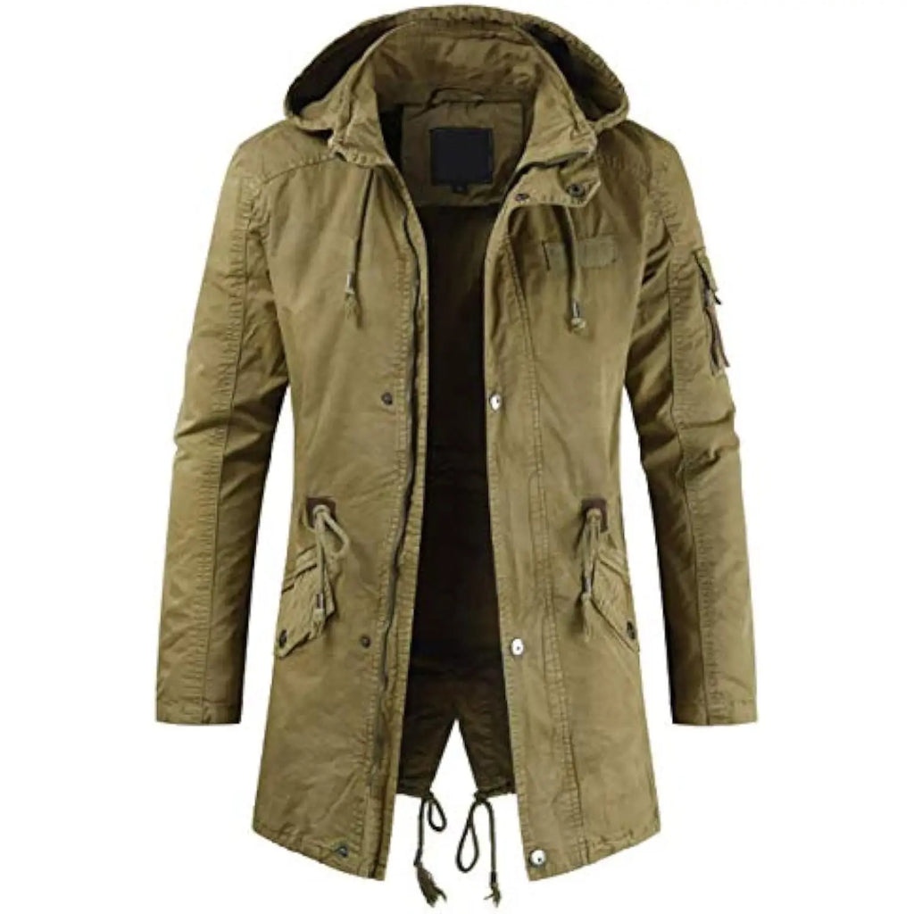 Men Long Cargo Parka Men's Spring Military Full-Zip Removable Hooded Cotton Mid-Long Parka Jacket Fleece Lined Plush Warm Coat