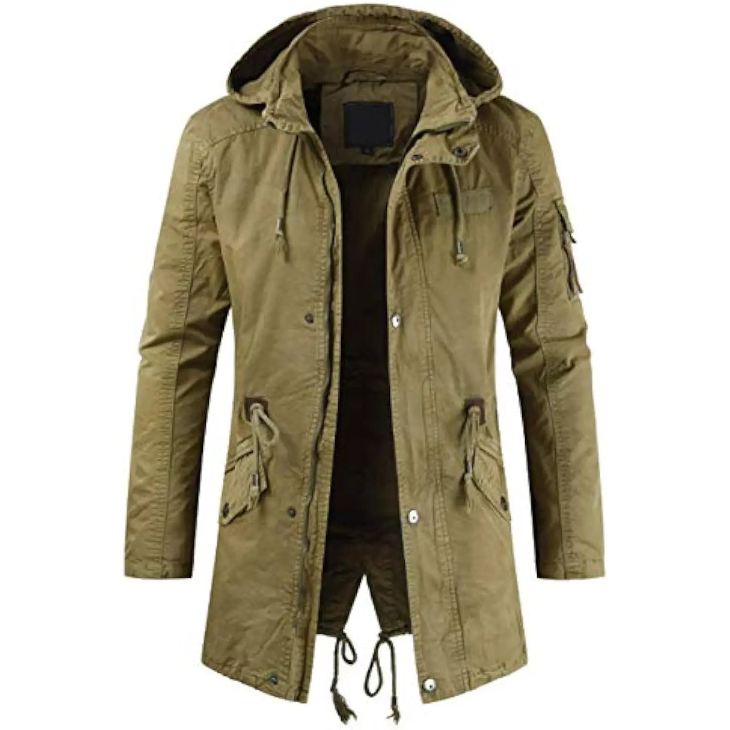 Men Long Cargo Parka Men's Spring Military Full-Zip Removable Hooded Cotton Mid-Long Parka Jacket Fleece Lined Plush Warm Coat