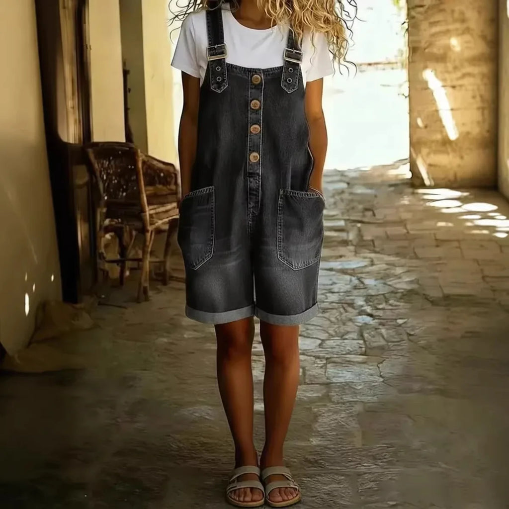 Women Fashion Retro Short Denim Jumpsuits and Rompers Ladies Casual Large Size Loose Jean Bodysuits Playsuits with Adjustable Bu