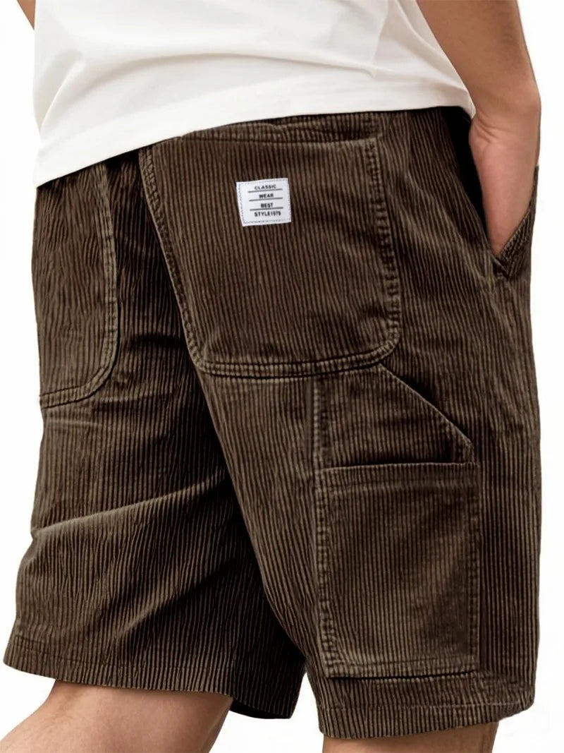 Men's Workwear Shorts Summer Casual Corduroy Loose Elastic Waist Multi-Pocket Leisure Pants Embroidery Retro Style Male Trousers