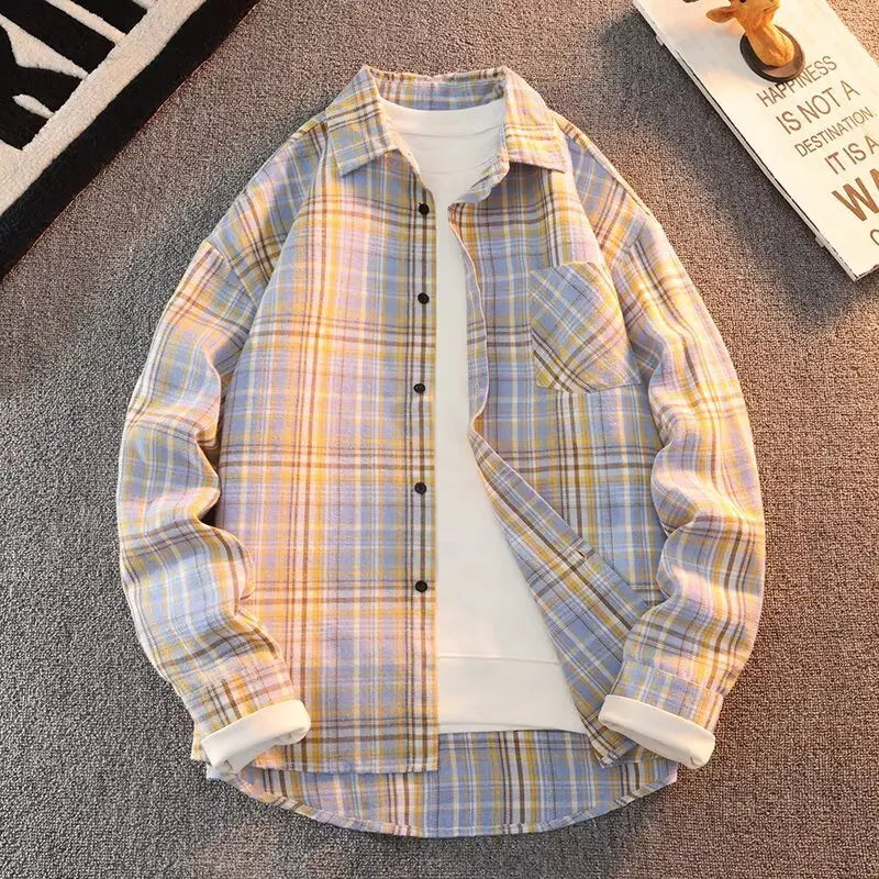 Retro Japanese Plaid Long Sve irt Men's Casual Loose Fit Spring Autumn Wear for Students And Couples Youth Faion