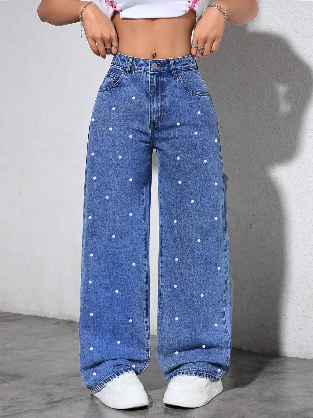 Fashionable Casual Rhinestone Frayed Straight Leg Jeans Women's Long Pants Cotton Natural Waist Comfortable Fit Spring Season
