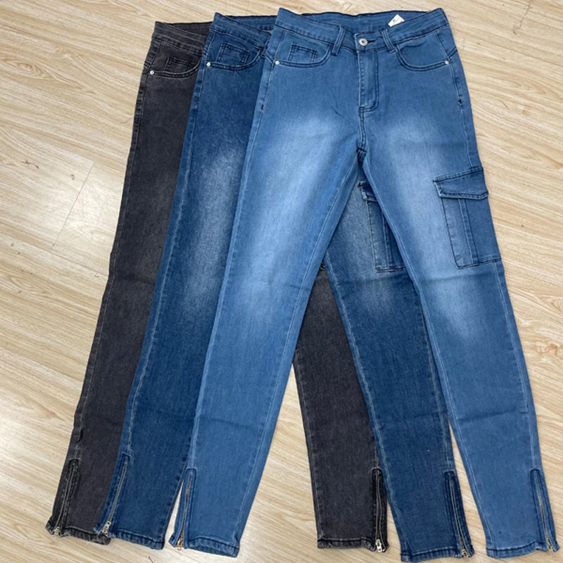 2025 New Style Denim Jeans for Women Zipper Leg Pockets Elastic Streetwear Distressed Cargo Trousers Pants Slim Pencil Jeans