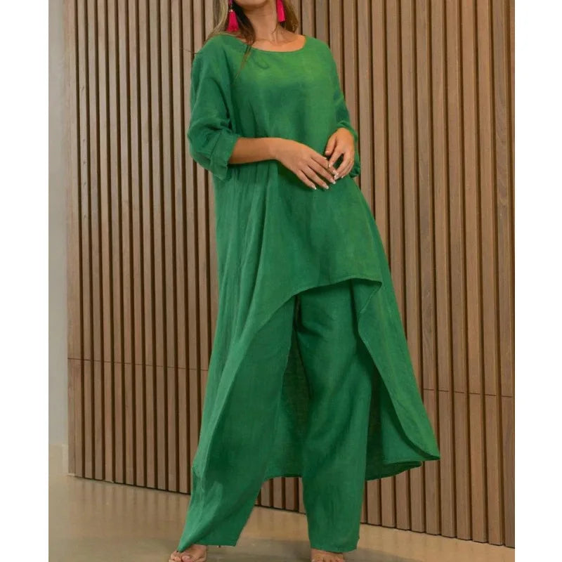 2025 Loose New In Matching Sets Two Piece Outfit 2 Pieces Set For Woman Solid Color Irregular Hem Long Sleeves Wide Legs Trouser