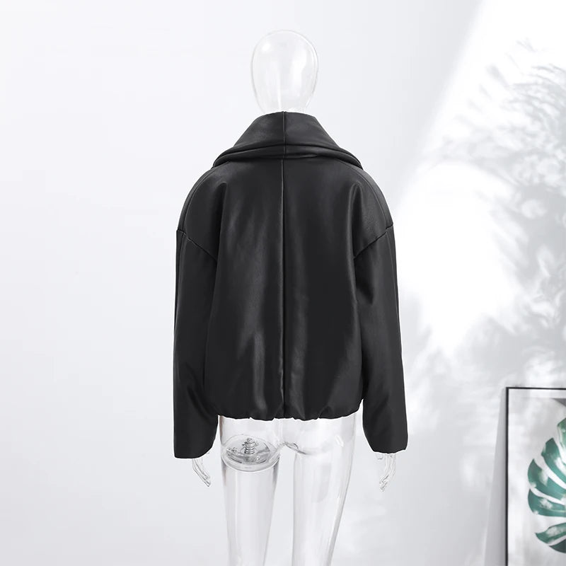 Solid Leather Turn Down Collar Cotton Coat 2026 Winter Ladies Warm Pockets Cropped Padded Jackets Women's High Street Outwear