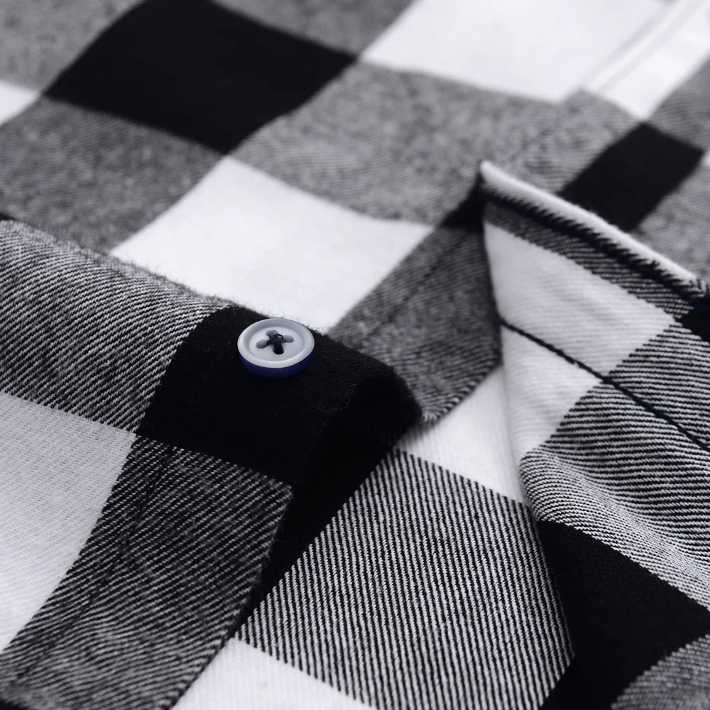 Men's Button Down Collar Contrast Plaid Pure Cotton Flannel Shirt with Left Chest Pocket Slim Fit Comfort Casual Brushed Shirts