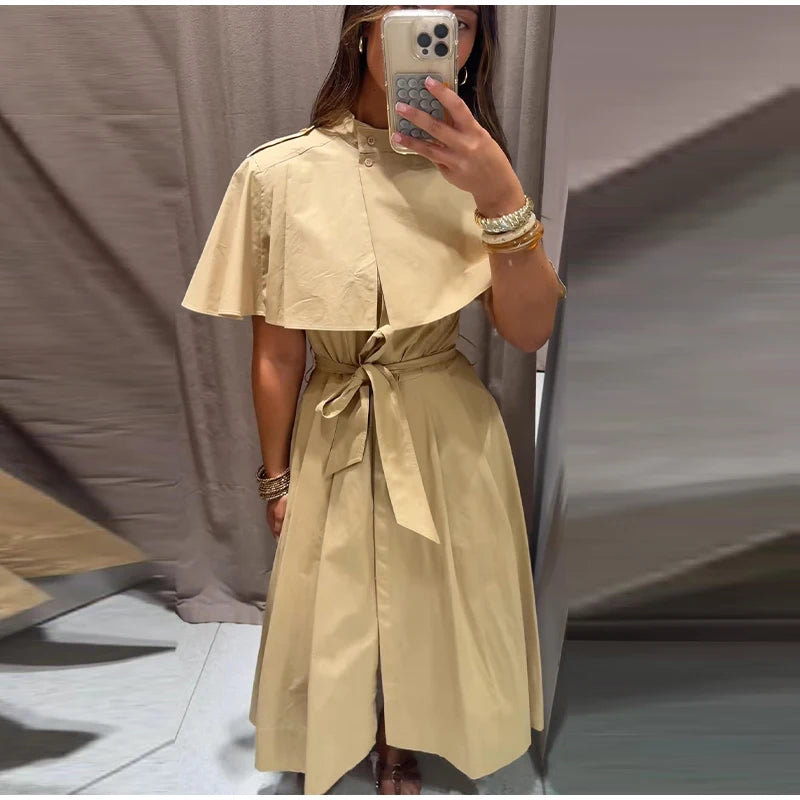 Women's Trench Style Midi Dress Stand Collar Cape Overlay Short Sleeve Belted Waist A‑Line Dresses Autumn Elegant Office Outfits