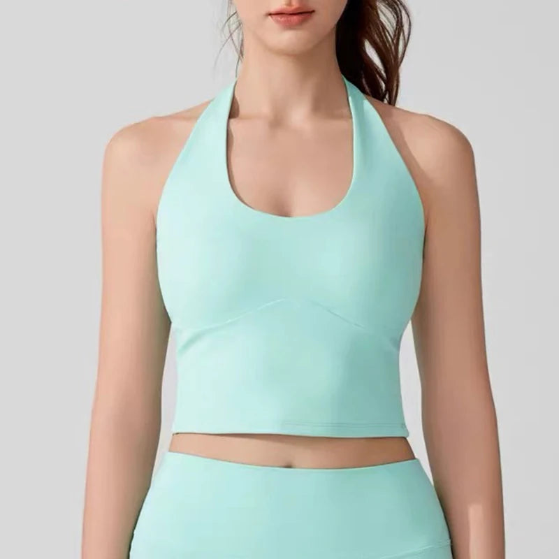 Women's Slimming Halter Neck Tube Top Yoga Vest One Cup Back Sling Fixed Gather Gym Outerwear for Summer Sexy Fitness Bras