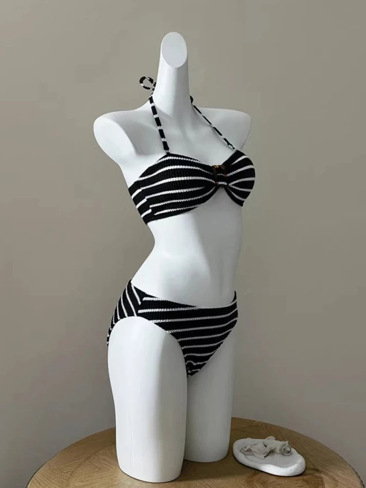 Vintage Sexy Black Striped Bikini Set Women American Retro Hottie Fashion Halter Neck Swimwear Harajuku Chic Sweet Swinsuit 2026
