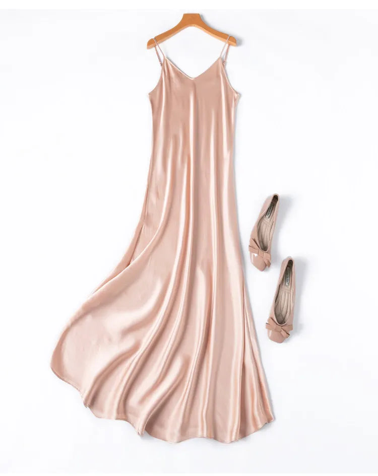 Tcyeek Woman Long Dress, 100%Real Silk, V Neck, Solid Spaghetti Strap Dresses, 2025 Elegant Chic Clothes