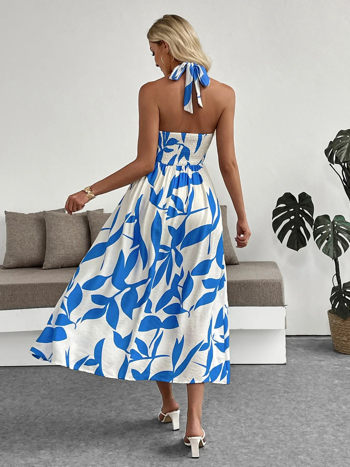 Vacation Floral Print Women's Summer Halter Neck Backless Casual Long Dress Sexy Boho Sleeveless Beach Party Maxi Dresses Ladies