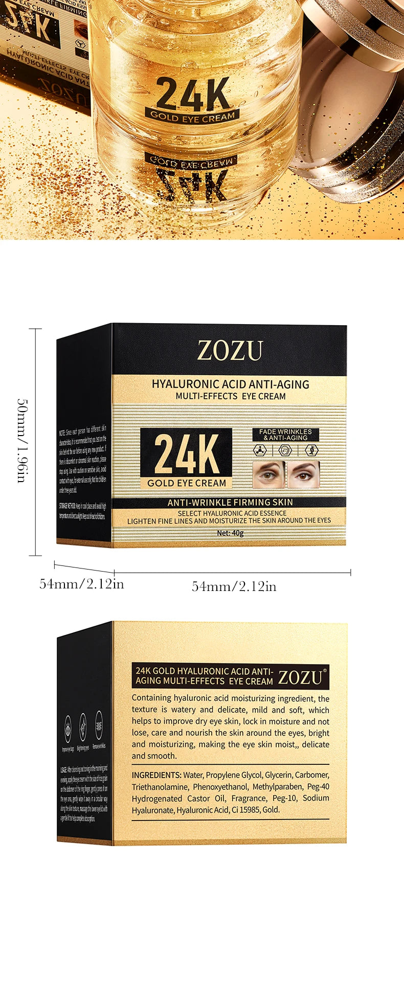 24K hyaluronic acid eye cream, nourishing, improving dark circles and eye wrinkles, anti-aging eye cream essence