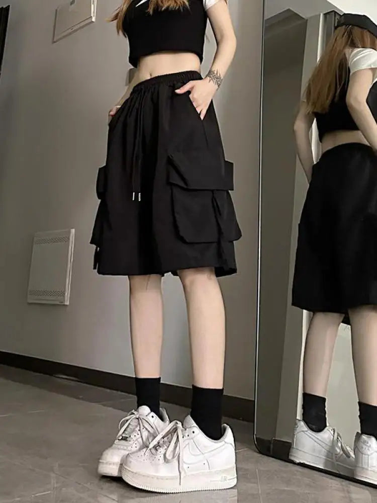 Gidyq Women High Waist Cargo Shorts American Style Streetwear Summer Wide Leg Pants Fashion Female Big Pocket Loose Shorts New