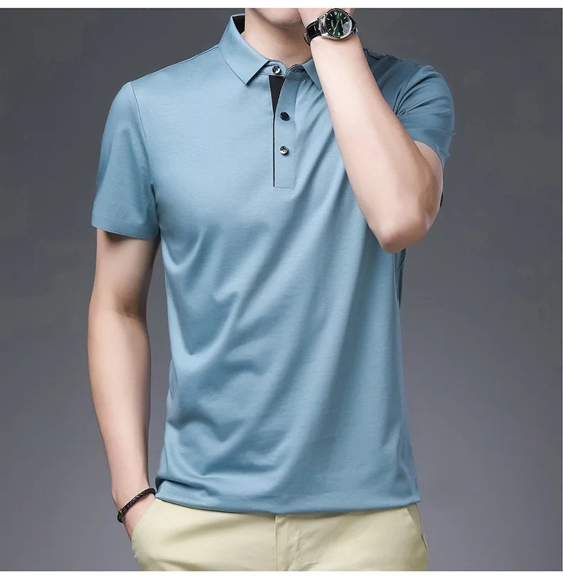 Bamboo Fiber Viscose And Cotton Blend Polo Shirt Men Short Sleeve Collar New Seamless T-shirt Summer Thin Lightweight Poloshirt