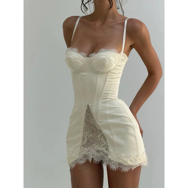 Solid Satin Lace Corset Mini Dress Women Sexy Spaghetti Strap Sheer Panel Slim Fit Short Dresses 2026 Trendy Lady Night Out Wear