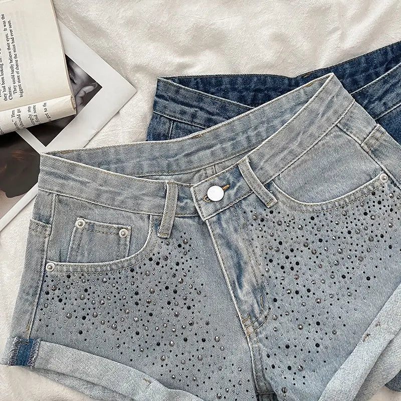 Retro Fashion Rhinestone Denim Shorts Women Pink Summer New A-Line Wide Leg Jeans Ultra Short For Hot Girls Bottoms