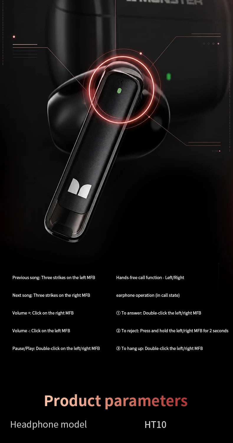 Monster Pure Aura HT10 TWS Wireless Bluetooth 6.0 Earphones Intelligent APP Custom EQ HD Noise Reduction Call Sports