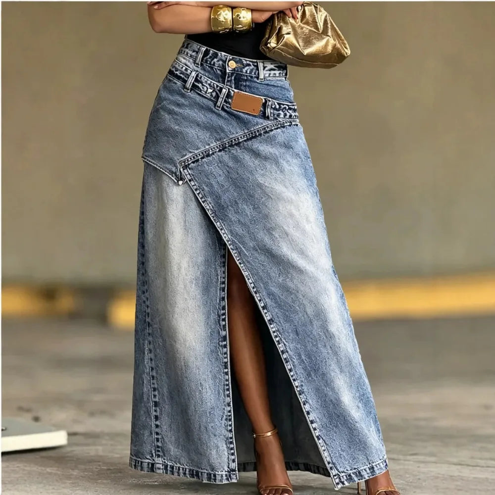 Washed Denim Maxi Skirt High Waist Asymmetric Front Slit Long Jean Skirt Irregular Patch Women Casual Split Denim Long Skirt