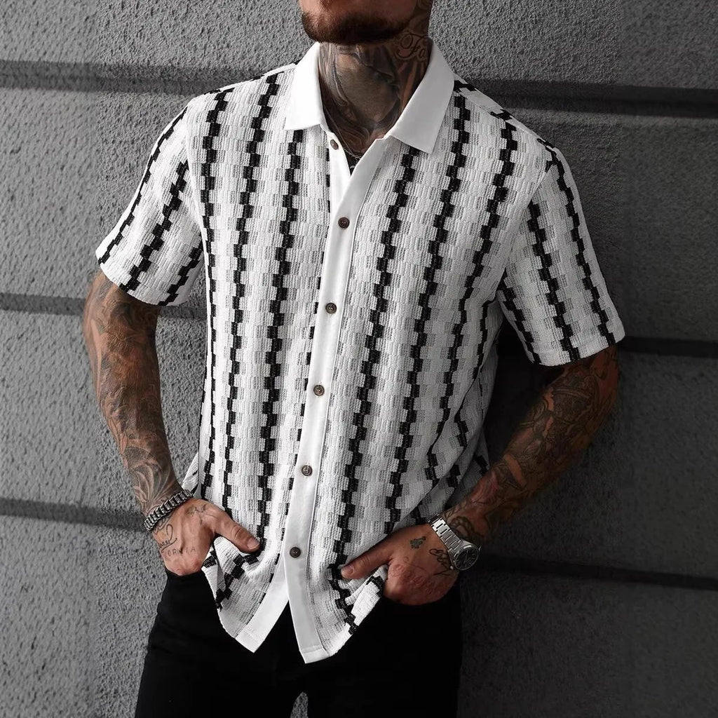 Classic Plaid Striped Knitted Shirt Men Summer Short Sleeve Button Down Turn-down Collar Vintage Slim Fit Knit Cardigan Tops