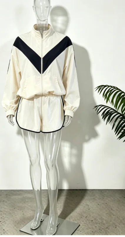 Lady'snavy Chevron Stripe Windbreaker Tracksuit Zip Cropped Jacket Contrast Trim Shorts 2026 Casual Sport Daily Jogging Street