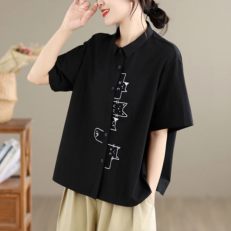 White Oversized Casual Short Sleeve Embroidered Shirt Loose Fit Versatile Slimming Style Women's Cotton Shirt Summer 2026