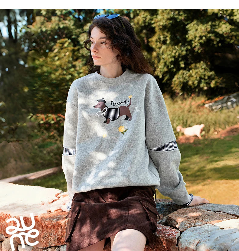 TOYOUTH Women's Sweatshirt 2026 Autumn New Loose Deconstructed Faux Two-Piece Plaid Dachshund Print Vintage Pullover Top