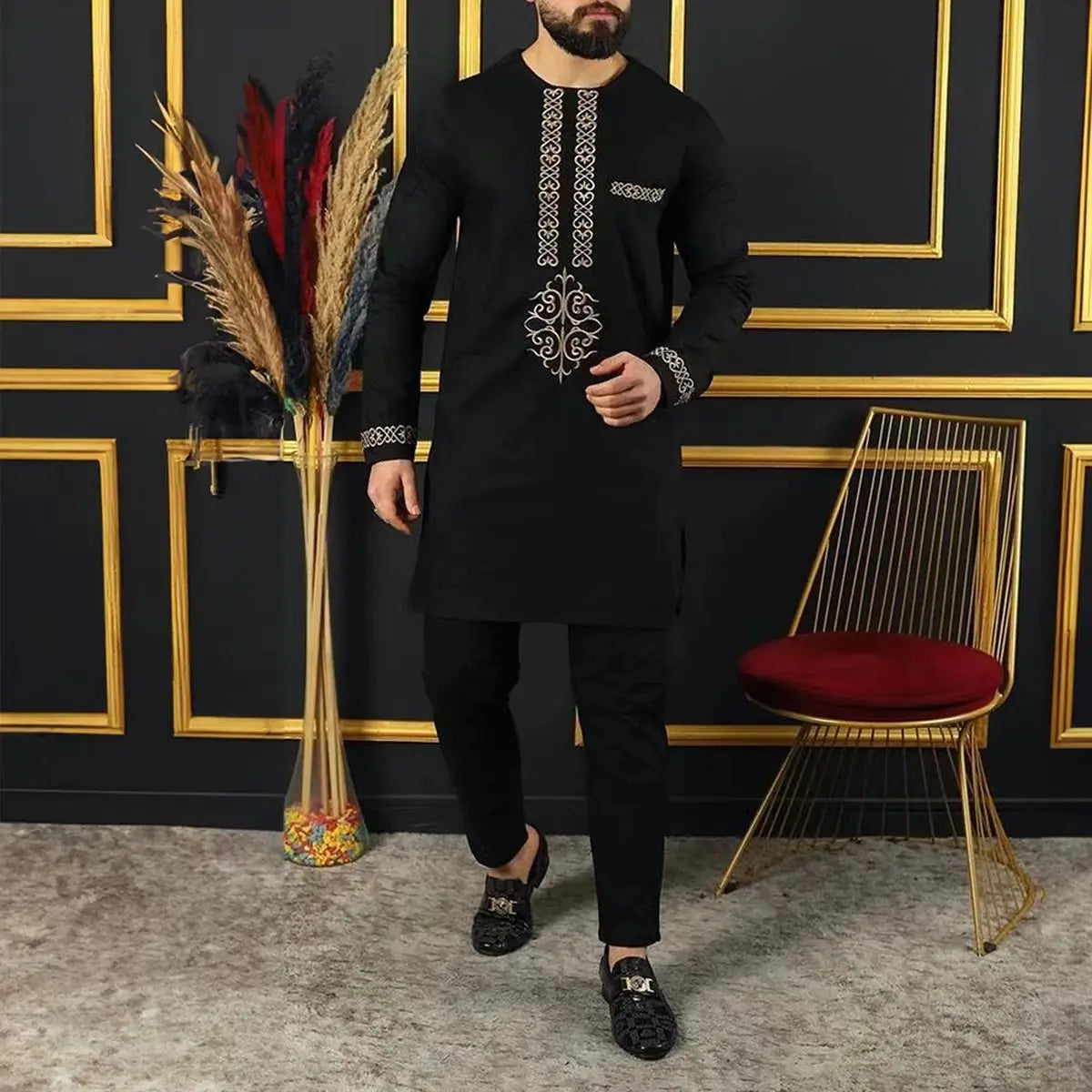 Kaftan Elegant Men's Suit Long Sleeve Ethnic Style Casual EmbroideryTop And Pants 2PCS Sets African Fashion Traditional Outfits