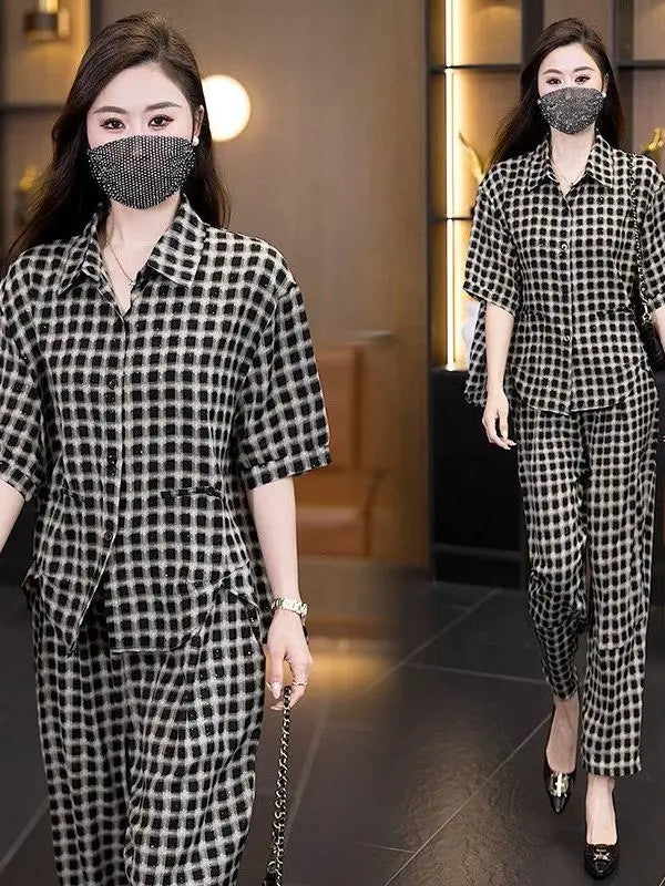 plus Size Casual Plaid Short Sleeve Women's Set Summer New Fashion Loose Shirt Two Piece Set High Waist Long Pants
