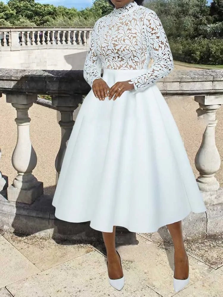 Elegant Party Dresses Woman Fall Fashion Lace Long Sleeve See Through Dress Vintage Laides Evening Dress Wholesale Dropshipping