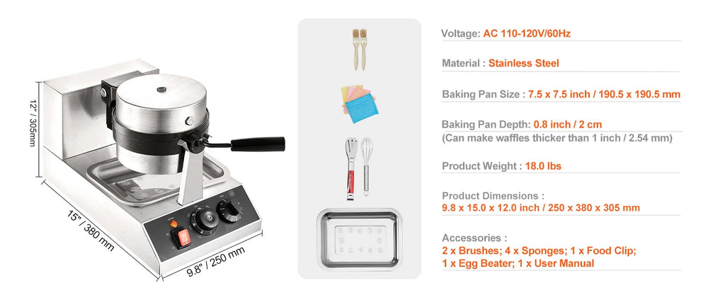 SucceBuy Electric Waffle Maker Stainless Steel Round Waffle Iron Non-Stick Waffle Baker Machine Teflon-Coated Baking Pans
