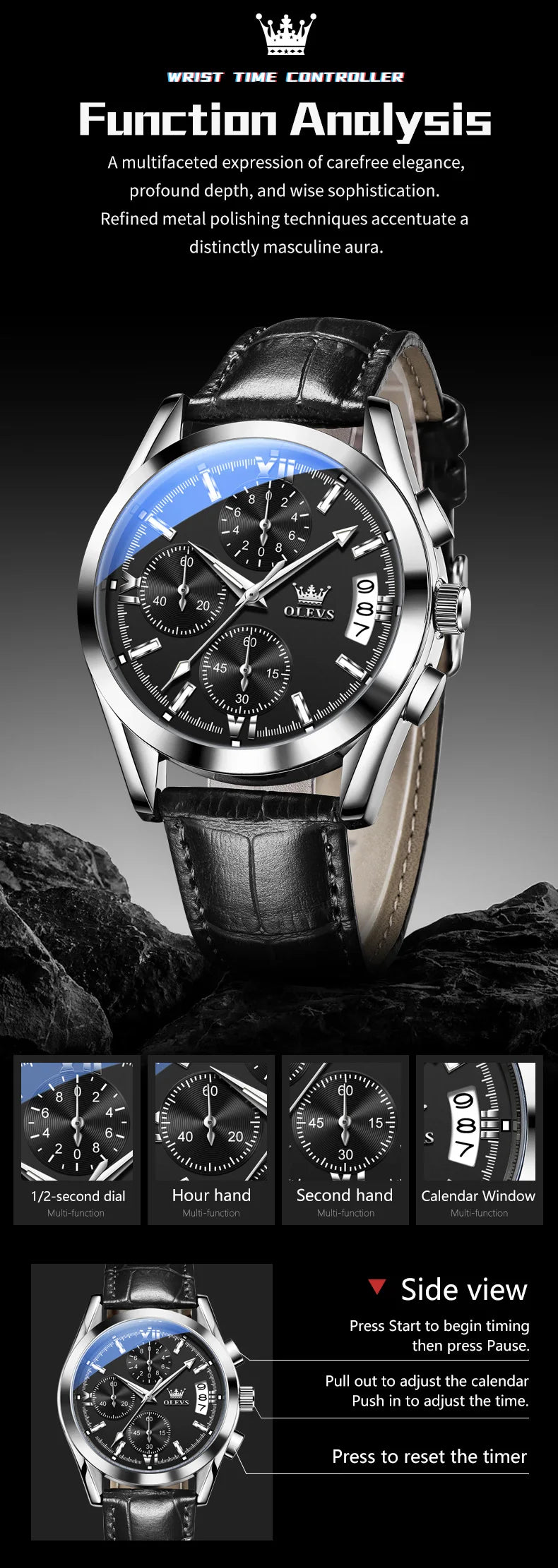 OLEVS 2987 Men Original Quartz Movement Wristwatch Fashion Metallic Texture Calendar Window Luminous Function Waterproof Watch