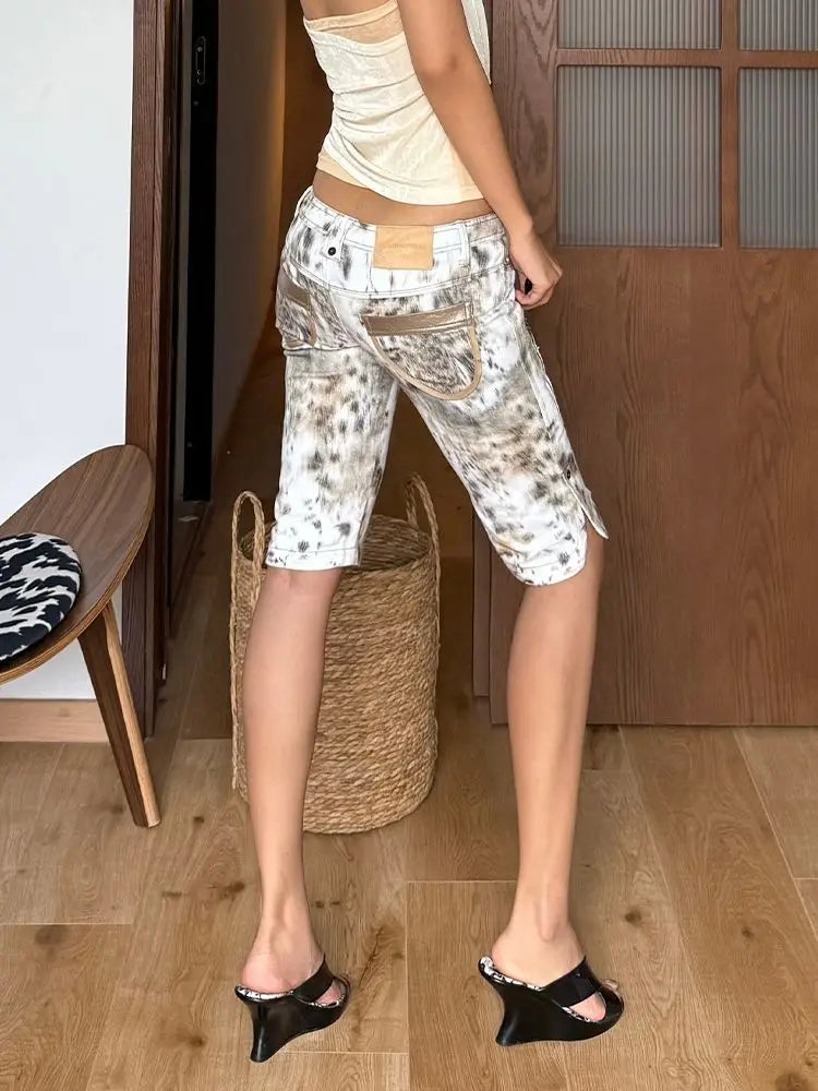American Style Tie Dye Denim Woman Capris Cargo Shorts with Zipper Pockets Y2K Aesthetic Casual Streetwear Summer Jeans Woman