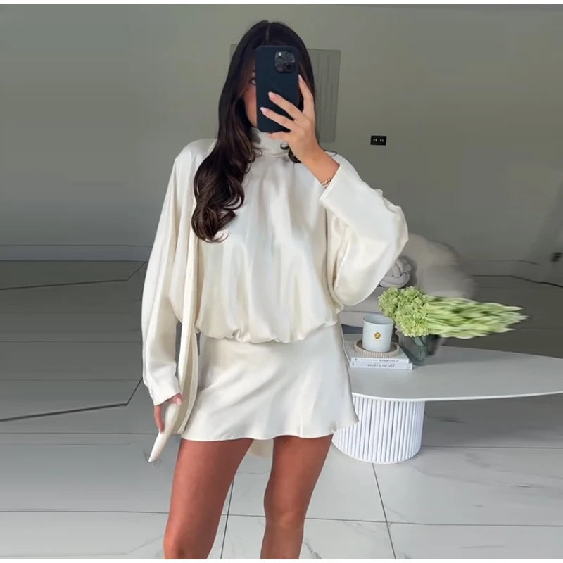 Elegant Lace Up Satin Short Dress Women Pleated Half High Collar Long Sleeve Female Dresses 2025 Autumn Lady Evening Robes
