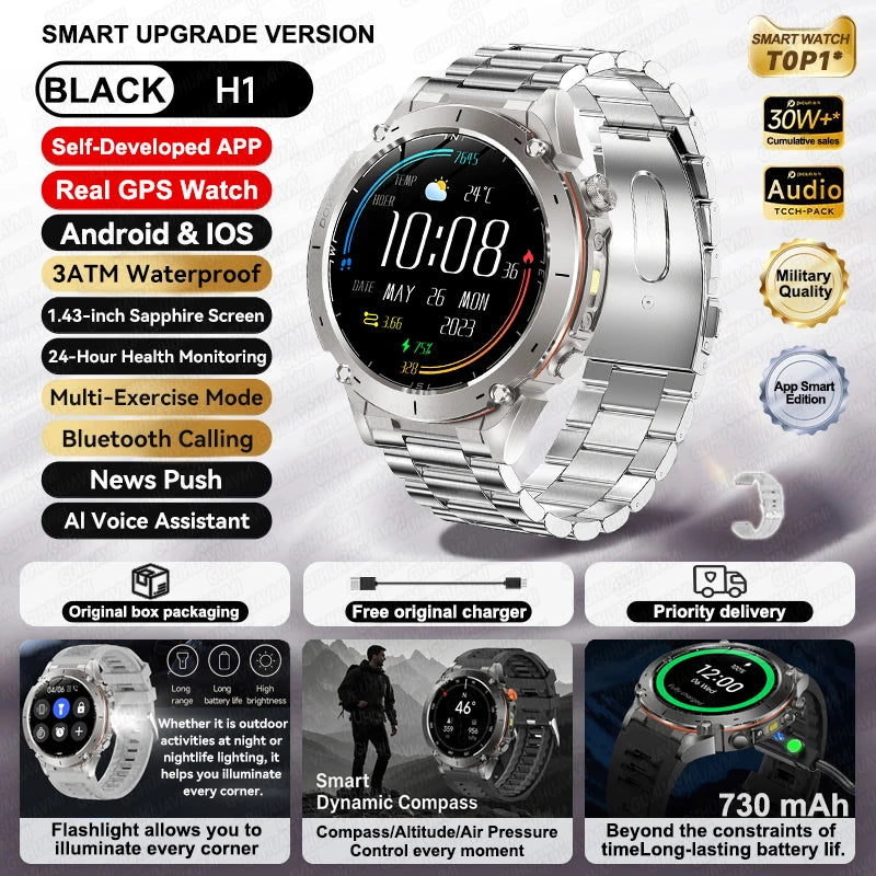 2026 New GPS Smart Watches 10 ATM Waterproof Built-in Dual-band GNSS Compass Military Sport Men SWIM Smartwatch For Android IOS