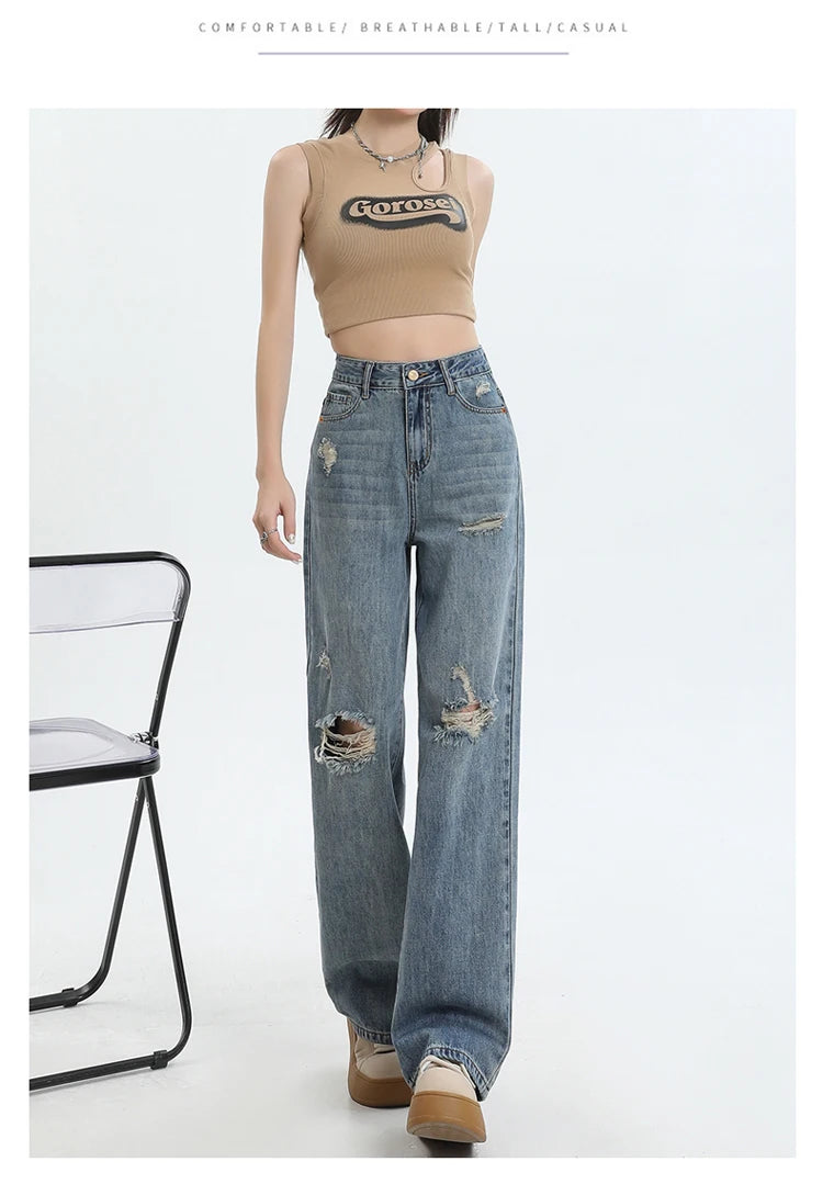 New Ripped Casual Loose Women Jeans High Waist Blue Korean Straight Pants Female Chicly Fashion Street Slim Woman Jeans