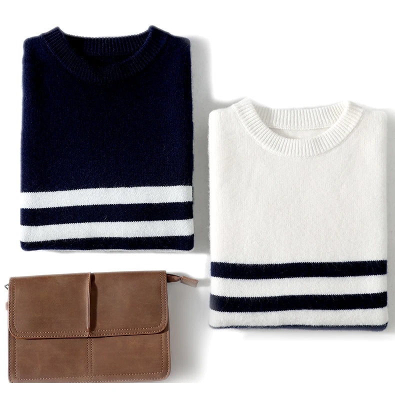 2024 Autumn/Winter New Round Neck 100% Pure Wool Sweater Men's Casual Loose Thick Sweater Striped Knitted Base Cashmere Sweaters