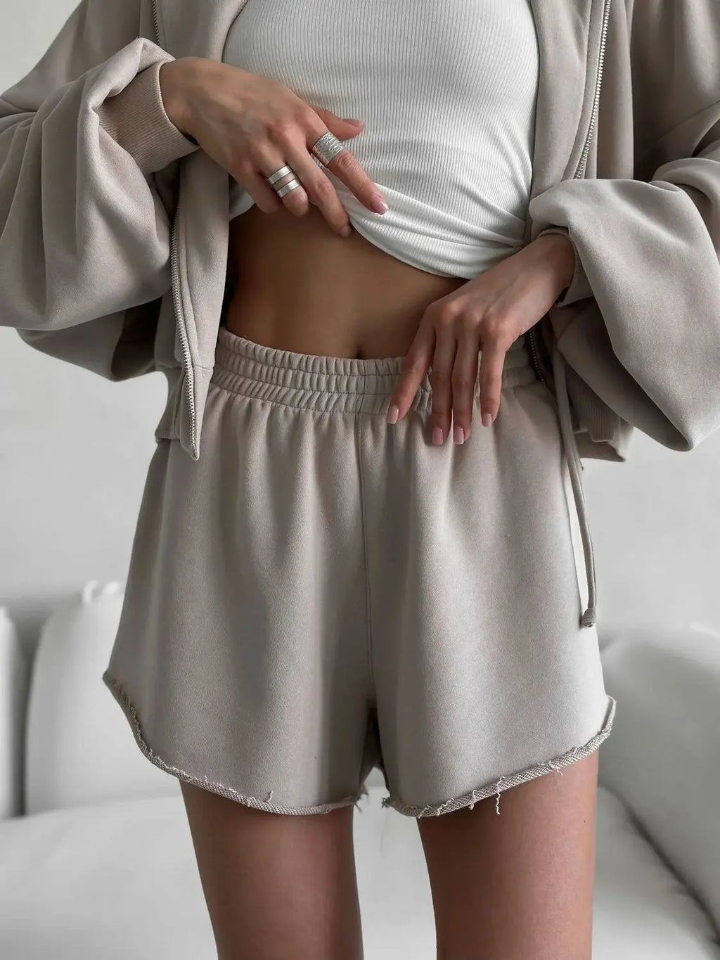 Women's Outfit Long-Sleeve Hooded Drawstring Sweatshirt Shorts Set Two-Piece Sets Sports Suit Sportswear Streetwear Trendy