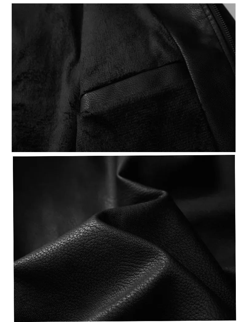 Motorcycle Men Leather Jacket Patchwork Biker Coat Motorcycle Jackets Mens Winter Casual Fleece Warm Coats Stripe Loose Outwear
