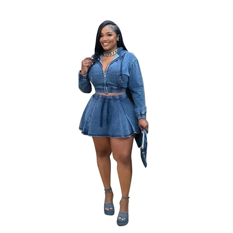 Streetwear Denim 2 Piece Sets Women Outfit Spring Clothing Women Full Sleeve Hooded Crop Top Pleated Skirt Sets Jean Dress Sets