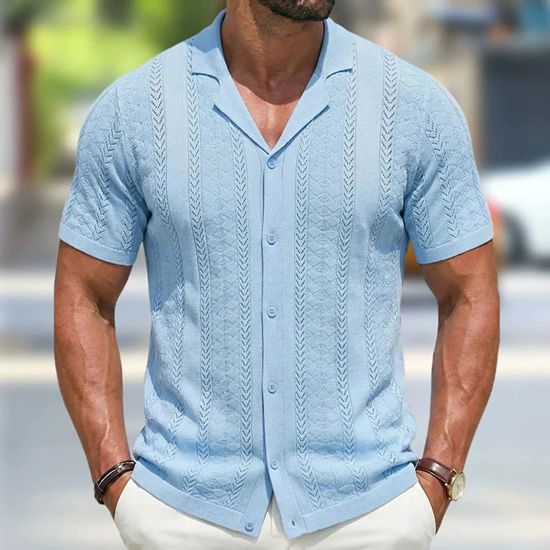 Summer Men Knitted Cardigan Polo Shirts Short Sleeve Striped Jacquarded Business Shirts American Retro Premium Quality Knitwear