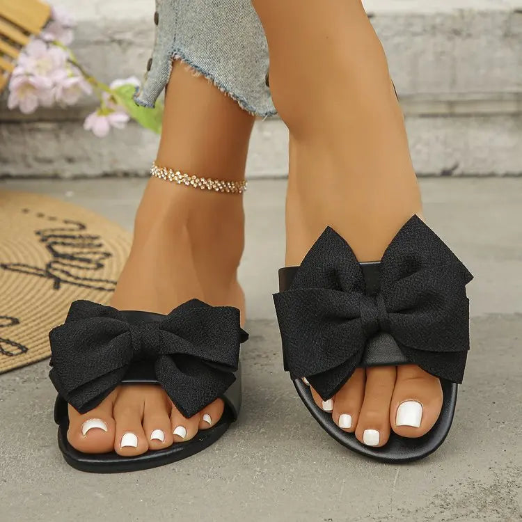 Womens Slip on Flat Sandals Big Bowknot Wide Strap Slides Mules Open Toe Casual Sweet Summer Beach Comfort Daily Walking Shoes