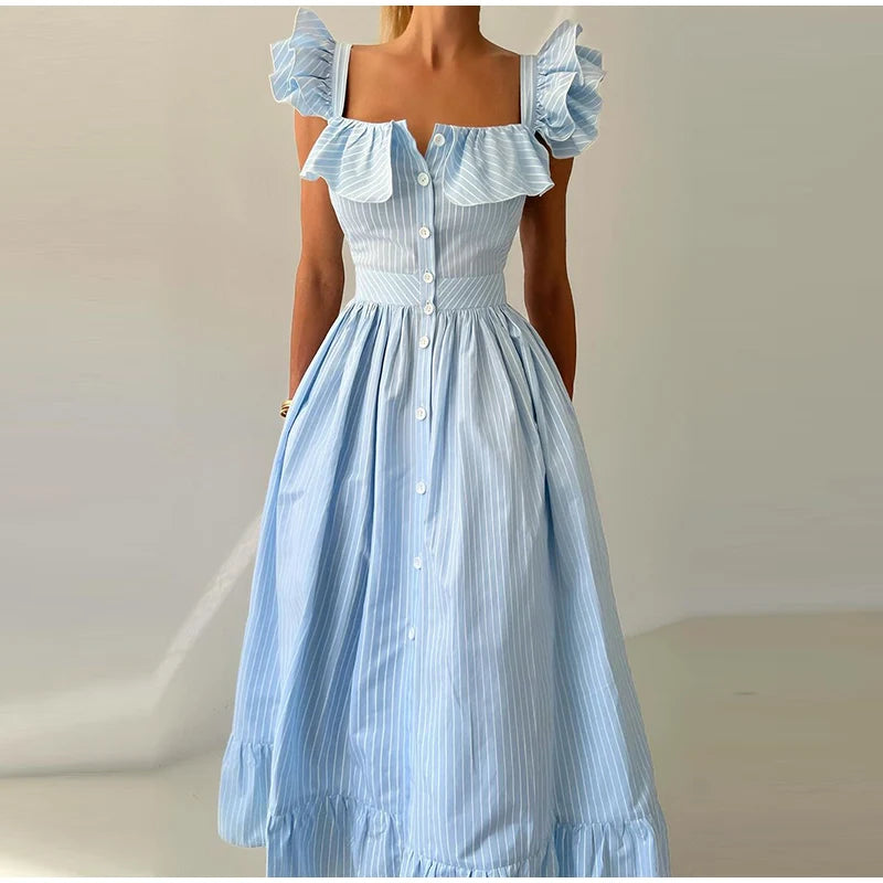 Fashionable Striped Ruffle Pleated Women's Dress Elegant Solid Square Neck Single Button Dresses Female Summer Chic Casual