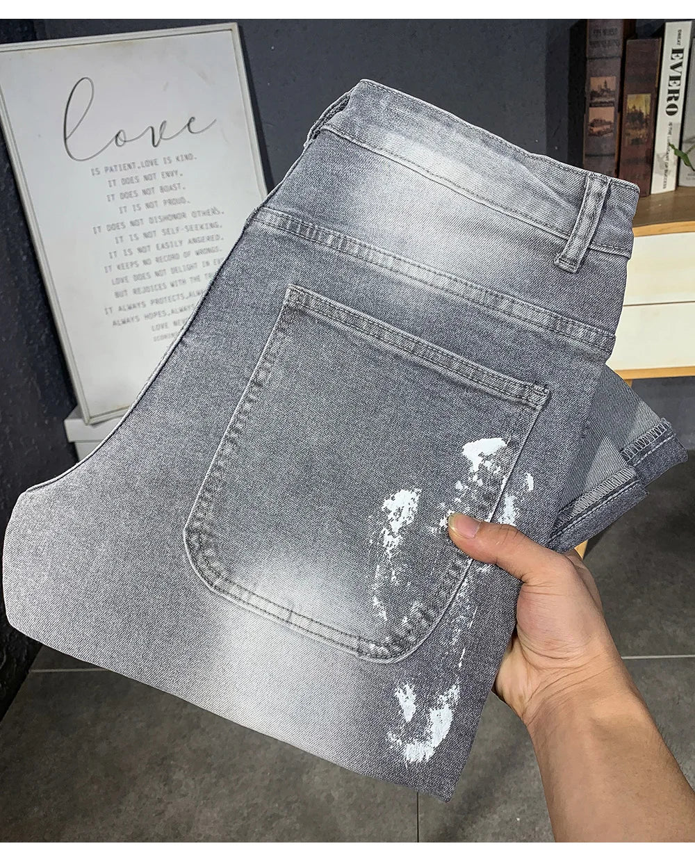 Men Painted Flared Denim Jeans Spliced Slim Boot Cut Pants Vintage Grey Cotton Released Hem Trousers